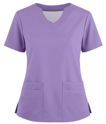 Scrubs Women Medical Uniforms & Scrubs Scrub Tops for Women UK Nurses Tunic Tops Short Sleeve Casual Oversized Top Work Soft with Pocket Blouses Baggy Solid V Neck Shirts Light Purple