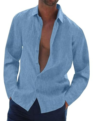 Aro Lora Chemise en Lin Homme Manches Longues Chemise Boutonnées Légères Été Chemise Coupe Régulière de Plage Casual Shirts