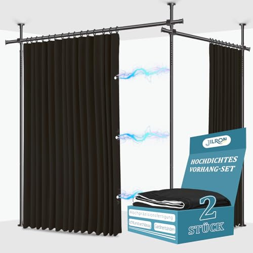 JILRON Juego de barras de cortina divisoras de espacio sin taladrar (2 cortinas negras: A 243 x An 270 cm, barra: A109-305 x An182-508 cm), ideal para viviendas de alquiler y dormitorios.