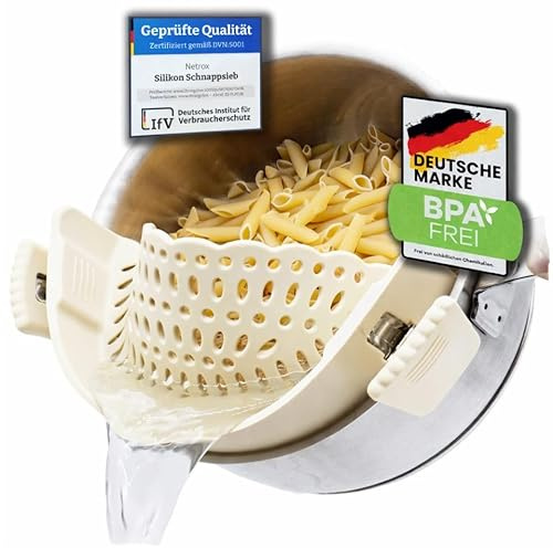 Netrox – a scatto in silicone- Accessorio da appendere in pentola e padella-senza BPA, Lavabile in lavastoviglie - scolapiatti come aiuto per il versamento di pentole