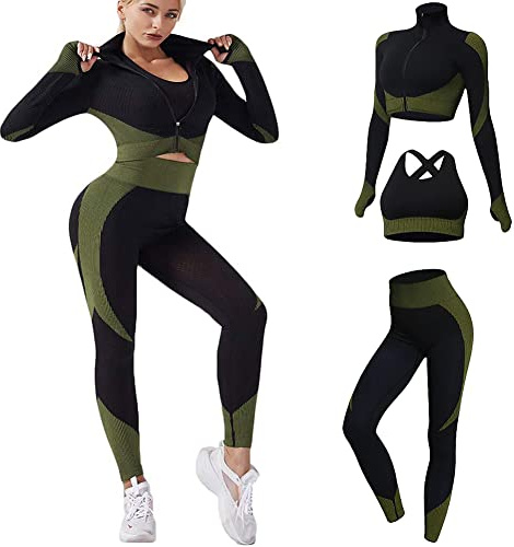 Veriliss 3st Sömlösa Sportklädset för Kvinnor, Träningsdräkt 3 Delar Träningsoverall Yoga Leggings och Stretch Sport-bh Gym Kläduppsättning (S, Svart-grön)