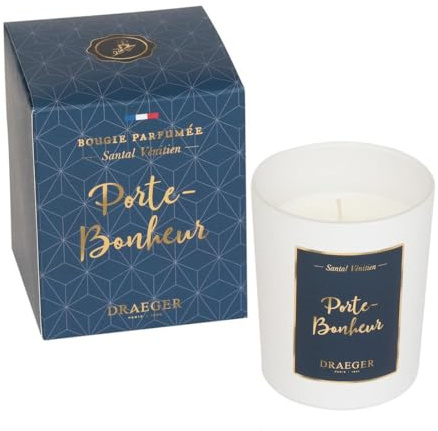 DRAEGER PARIS - Bougie Cadeau blanche Parfumée Santal Vénitien Porte-bonheur - Idée Cadeau Porte chance - Bougie originale à offrir - Fabriquée en France - 100% Cire Végétale - 40h de combustion