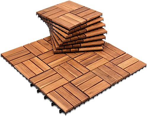 Jiubiaz 33x Holzfliesen aus Akazienholz 30 x 30cm, Holzfliesen Balkon, Terrassenfliesen, Bodenbelag mit Drainage, Fliese Leicht verlegbar(12 Latten | 3 m²)