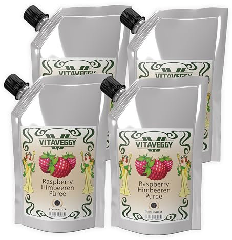 VITAVEGGY HIMBEER-FRUCHT-PÜREE 4x 1kg von Food-United raspberry-fruit-puree für Himbeeren-Smoothie-Saft Erdbeer-Himbeer-Sorbet-Cocktail-Shake ohne Aroma- Farb- & Konservierungsmittel (4)