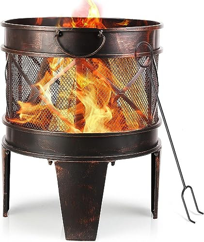 TLGREEN Feuerschale Garten 58x45x42cm,FeuerschaleFeuerkorb Antik-Rost-Optik mit Griffen und Schürhaken Feuerstelle Feuerschalen für den Garten-Lagerfeuer-Außenheizung-Camping