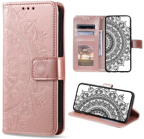 CASEONJAN Mobiltelefonfodral för Samsung Galaxy A40, vikbart fodral i PU-läder med [kortfack] [magnetlås], flip fodral mobilväska prägling skyddsfodral för Samsung A40 (roséguld)