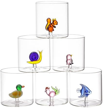 Baroni Home Set 6 pz Bicchieri in Vetro Borosilicato da 32 CL, Bicchieri Trasparenti Colori Assortiti, Lavabili in Lavastoviglie, 8x8x8,5 cm, Animaletti