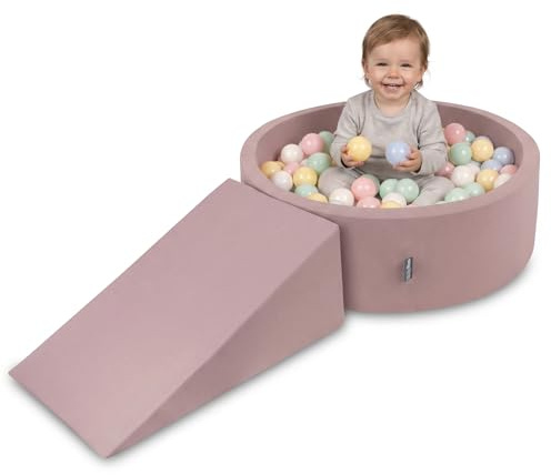 KiddyMoon Area Giochi in Schiuma con Piscina di Palline 90x30cm e Rampa 100 Palline 7cm per Neonati e Bambini - Erica: Celeste Giallo Pastello Bianco Menta Rosa Cipria