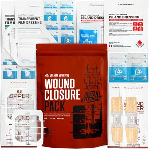 EVERLIT Wound Closure Pack | 4 Pcs Surgical Wound Zip Devices for Cut & Laceration Wound Repair | Sterile, Suture-Free, Stitch-Less Adhesive Butterfly Bandage Strips for Emergency First Aid Care