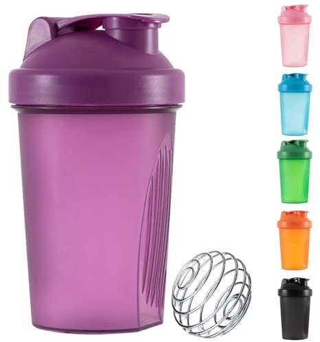 Protein Shaker Bottle with Stainless Steel Mixing Ball, Protein & Supplement Shaker Bottle, Leak Proof Flip Flop Lid Shake Bottle Mixer, BPA Free Protein Shake Bottle 400ml (Purple)