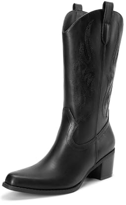 DREAM PAIRS Women's Square Toe Cowboy Cowgirl Boots Embroidered Mid Calf Western Boots Fashion Dress Low Chunky Heel Boots for Theme Party Country Concert,Size 8,Black-Pu,DWUMMB2502
