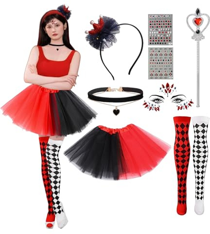 ChouGlow Costume da Carnevale per Donna, Costume da Regina del Cuore, Set Costume da Regina del Cuore Rosso con Abito, Corona, Gemme per il Viso e Calzini per Carnevale, Festa, Festa a Tema.