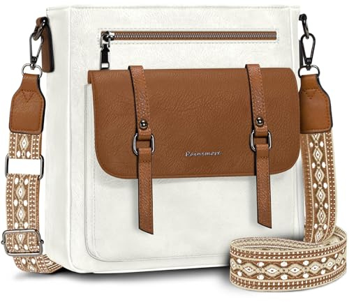 RAINSMORE Bolso Bandolera Mujer Mediano Bolsos de Mujer Bolsos Bandolera Bolso Cruzado de Cuero PU con Correa Ajustable para Viaje Trabajo Compras Blanco y Marrón
