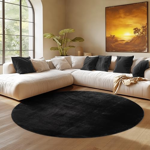 SIMPEX Alfombra Redonda Negro 160 cm Alfombra Lavable de Pelo Corto, Redonda, Antideslizante y Suave, Diseño Monocromático Moderno para Sala, Dormitorio, Cocina y Habitación Infantil