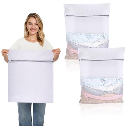 Dntorx 2 reti per bucato grandi, 50 x 60 cm, riutilizzabili, per lavatrice, grande sacco per la biancheria, con chiusura lampo, per camicie, maglioni, cappotti, pantaloni (XL, bianco)