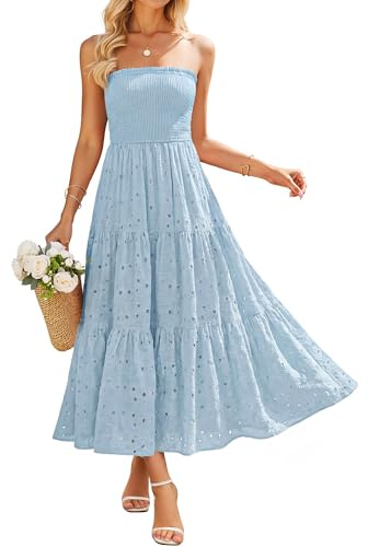 ZESICA Womens 2026 Summer Boho Strapless Smocked Midi Dresses Blue S