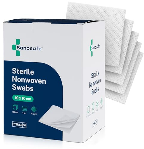 Sanosafe Garze Sterili 10x10 cm 100 pezzi | Garza in tessuto non tessuto per medicazione | Morbide, assorbenti e senza pelucchi