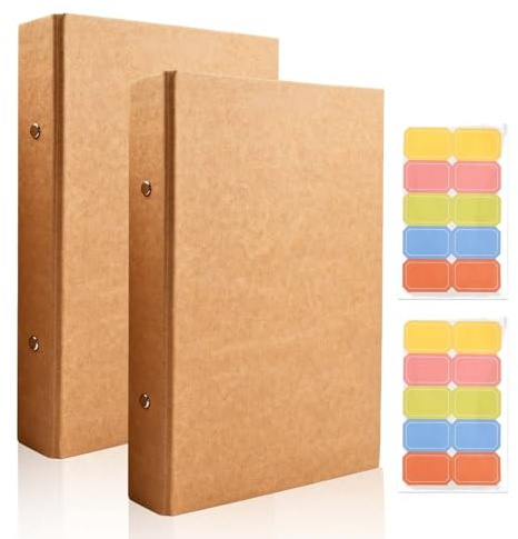 Nivofu 2 Pièces Classeurs A5 en Papier Kraft, Dossiers pour Feuilles Perforées, 17,5x23,5cm, 2 Anneaux Dos 3,5cm, Organisation et Archivage de Documents Bureau École, avec 2 Autocollants
