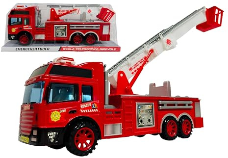 Camion pompier grand 30 cm avec mouvement d'embrayage échelle extensible et rotatif 360° camion pompier jouet grand pour enfants, emballage en dôme, véhicule d'urgence, pompiers, jouet