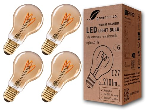 4x greenandco® LED vintage glödtråd glödlampa bärnsten ersätter 21W E27 A60 3W 210lm 2000K (extra varm vit) 360° 230V glaslampa, inte dimbar