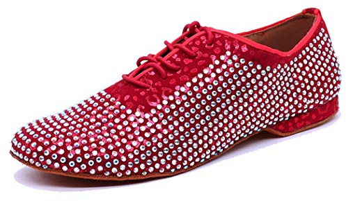 TDA Men's Comfort Standard Low Heel Soft Outsole Red Satin Studded Rhinestones Tango Ballroom Salsa Chacha Character Latin Modern Dance Shoes 10.5 M US