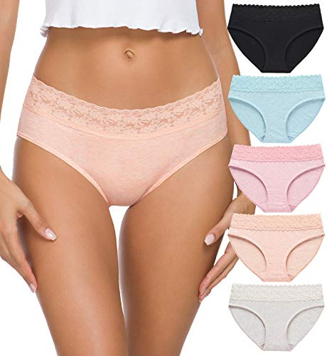 GNEPH Women's Cotton Underwear Soft Lace Bikini Panties Hipster Panty 5 Pack (Light)