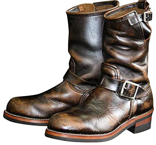 LLDG Herren Western Cowboystiefel Vintage Westernstiefel Klassischer Cowboy Stiefeletten Halbhoch Schlupfstiefel Retro Reiterstiefel mit Blockabsatz Warm Winterstiefel rutschfest PU Lederstiefel