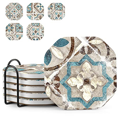 UMIRRO Drinks Coasters for Coffee Table Decor, Rustic Retro Boho Farmhouse Coasters, Absorbent Cup Mats for Wooden Table, Mandala Style, Unique Vintage Tile Design, Brown, 4, Set of 6