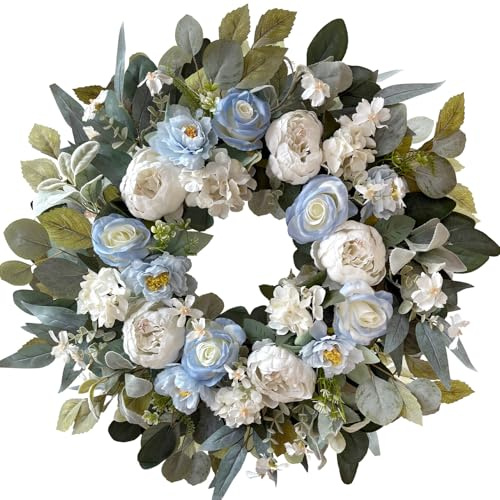 WANNA-CUL 24 Inch Spring White Peony Wreaths for Front Door,Spring Summer Wreath with Baby Blue Rose Flower for Wedding or Valentines Day,Mothers Day Wreath Decor