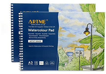 ARTME Bloc Aquarelle A3 Lot de 2, 12 Feuilles 300gsm, Pressé à Froid, Sans Acide, Papier Aquarelle Pro pour Peinture et Croquis