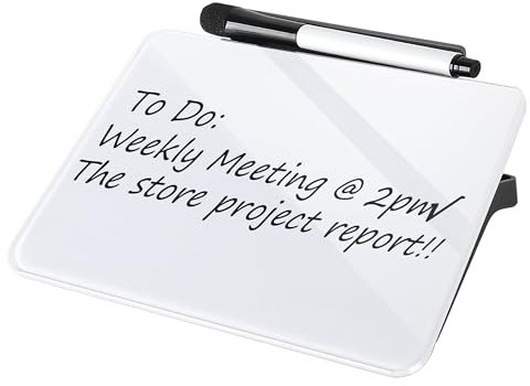 Sliandtelly Desktop Kleines Weißwandtafel, Schreibtisch Glas abwischbare Whiteboard für Notizen, 8 stehende schräge Schreibtafel & wiederverwendbares Notizbuch Bürozubehör Erinnerungsplaner & Stift