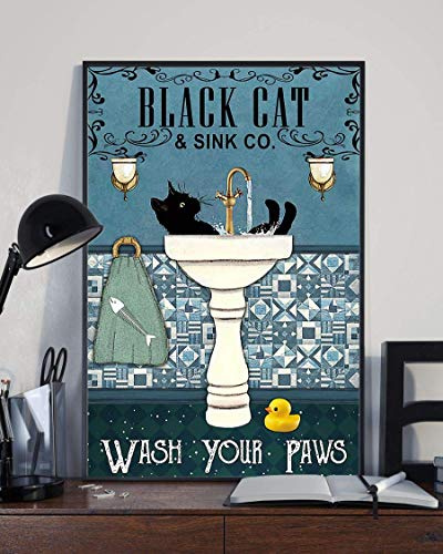 Black Cat Wash Your Paw Funny Cat Lover Gift Retro Vintage Bathroom Decor Poster Garage Wall Decor Metal Sign Poster 12x16 inch