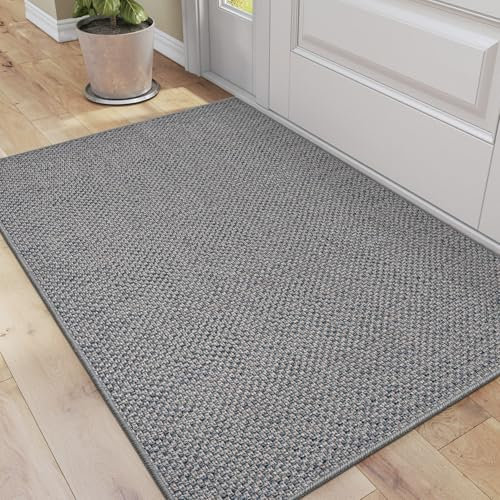 DEXI Indoor Door Mat 44 x 76 cm, Non Slip Rubber Backing, Low Profile Dirt Trapping Doormat for Entrance, Patio, Pets, Grey