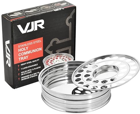 Holy Communion Bröd- och vinbricka för kyrkor, 33 kopp-set, silverstål stapelbar nattvardsbricka, brödtallrik ingår, återanvändbara nattvardskoppar, rostbeständigt stål, dammsäker design