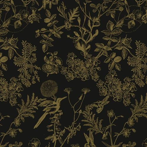 Yomshi Self Adhesive Wallpaper Pure Black and Gold Floral Leaf Peel and Stick Wallpaper Bird Wallpaper 44×300cm Botanical Contact Paper Removable Stick on Wallpaper Living Room Bedroom Decorative Film