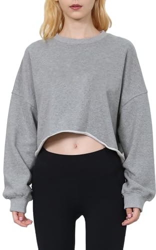 Amazhiyu Damen Sweatshirt Crop Pullover Kurz Hoodie Ohne Kapuze Casual Basic Pulli Oversized Damenpullover Langarm Baumwolle Langarmshirt Oberteile Tops, Grau, L