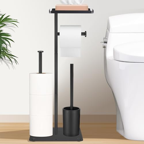Zocipro Porte-Papier Toilette en Acier Inoxydable Debout avec Brosse, Dérouleur Papier Toilette sur Pied, Serviteur WC, Brosse WC et Derouleur Papier, Noir