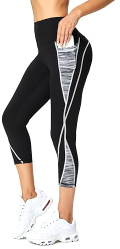 Rexspek Pantalon de sport pour femme 3/4 avec poche, Pantalon de jogging pour femme taille haute, Leggings de fitness, Gris/noir/blanc., S