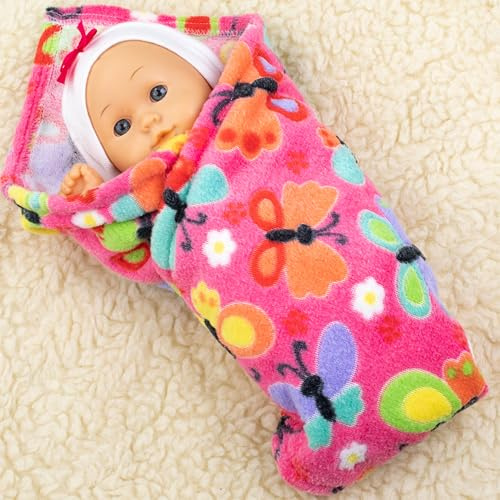 PinkZebra Puppendecke für Puppenbett, Decke 40 x 50 cm für Puppenwagen, weiche Decke für Kuscheltiere & Puppen von 28 bis 48 cm, kuschelige Überwurfdecke, Fleecedecke flauschig, Schmetterlinge
