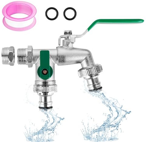 Double Garden Tap, Outdoor Garden Tap 3/4inch BSP, Zinc Alloy Rust and Antifreeze Double Output Faucets for Garden Washing Machine Rain Barrel(Green)