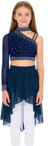 Linjinx Enfant Fille Robe Danse Lyrique Classique Justaucorps Gymnastique Une Manche Longue Robe Patinage Artistique Haut Danse et Jupe Tutu Costume Spectacle 5-16 ans Bleu marine 11-12 ans