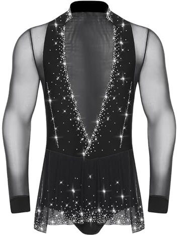 Fldy Herren Latein Tanz Hemd Body Langarm Glitzer Strass Mesh Bodysuit Mit Rüschen Jazz Ballsaal Tanzkostüm Leotard Schwarz M