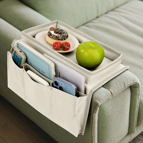 Jesustree Organizzatore Divano, Portaoggetti per Vassoio Bracciolo da Divano Borsa con 5 Tasche per Telecomandi, Resistente Antiscivolo per Poltrona Divano, Telefoni, Libri, Riviste, Bianco