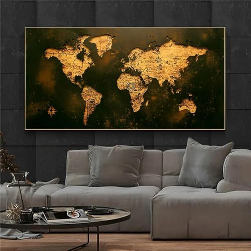 Cuadro sobre lienzo con mapa del mundo en oro negro, estilo clásico moderno, arte mural abstracto, decoración para sala de estar, 50 x 100 cm, sin marco