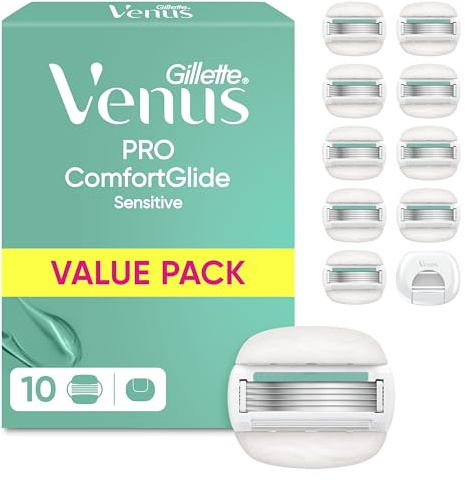 Gillette Venus Pro Comfortglide Sensitive con un Tocco di Aloe, 10 Lamette di Ricambio per Rasoio Donna, Copertura da Viaggio