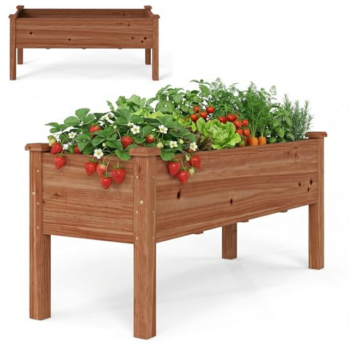 HOMASIS Fioriera Rialzata da Esterno in Legno di Abete, Orto Rialzato con Fori di Drenaggio, Letto da Giardino per Piante, Fiori, Erbe (Marrone, 120 x 43,5 x 51 cm)