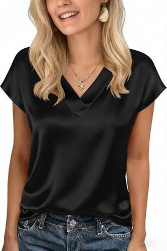 Xiaoliny Chemisier Satin Femme Été Haut Chic et Elegant Casual T-Shirt à Manches Courtes Col V Basiques Tops Couleur Unie Lâche Blouse Soie Chic Chemisiers de Travail Bureau Soirée
