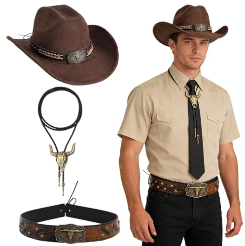 GVMJHYK Cappello da Cowboy Vintage Marrone Regolabile 56-58 cm per Uomo e Donna - Con Fascia in Pelle, Pendente Teschio di Toro & Laccio - Cappello Western per Costumi, Halloween, Feste a Tema