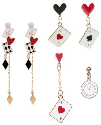 Gaodercha 3 Pairs Poker Card Drop Earrings Alloy Heart Dangle Earring Asymmetric Clock Poker Dangle Earring Fashion Playing Card Earrings for Party Daily Wear