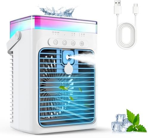 Aire Acondicionado Portátil, 3-en-1 Enfriador por Evaporación con 3 Velocidades y 2 Modos de Niebla, 1000ml Mini Aire Acondicionado, Ventilador USB con Luz RGB y Timer para Oficina Coche Camping